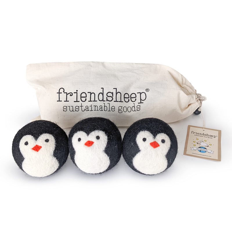 Friendsheep كرات مجفف الصوف من فريندشيب، 3 عبوات مقاس XL، عضوية ممتازة قابلة لإعادة الاستخدام، لم يتم الإساءة إلى الحيوانات في تصنيعها يدويًا، تجارة عادلة، لا تحتوي على الوبر، منعم الأقمشة Penguin Trio - Image 1